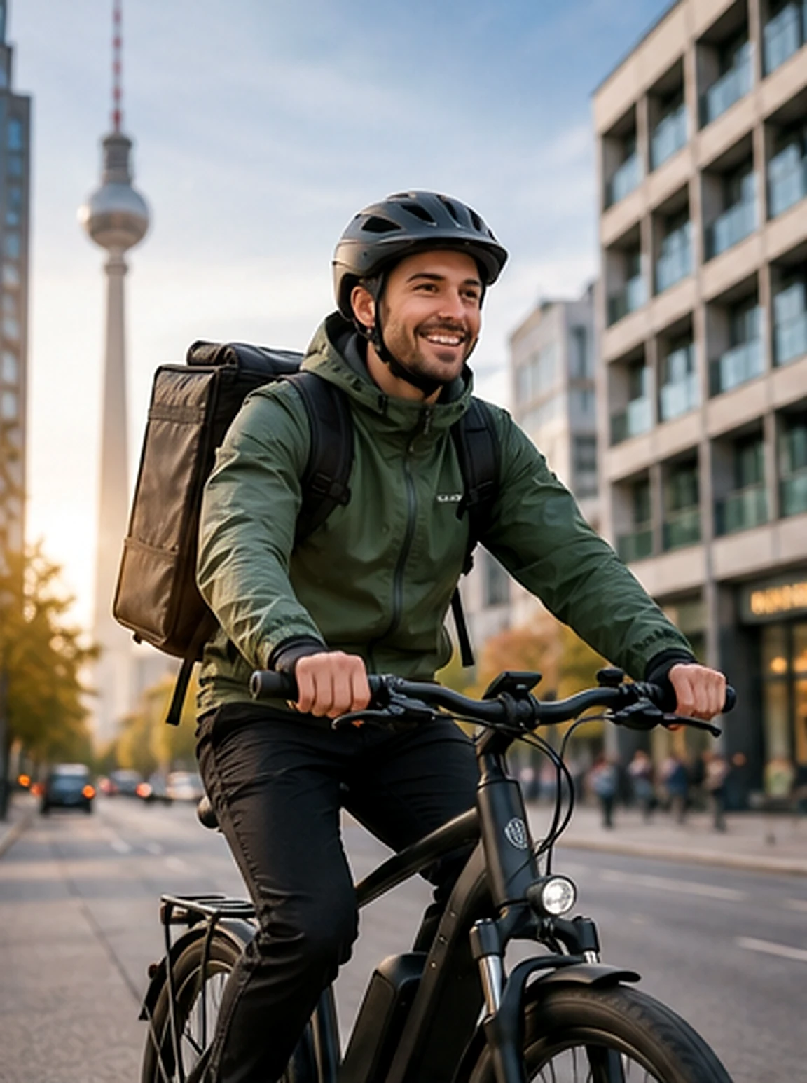 Freundlicher Kurier mit Fahrrad und Delivery-Rucksack in Berlin