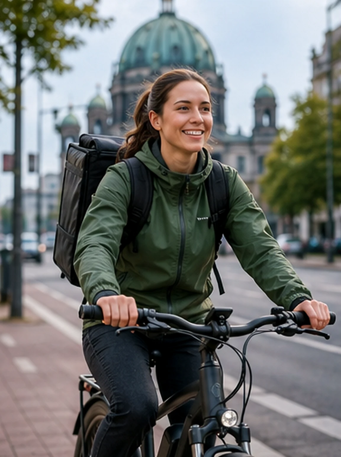 Kurierin mit Fahrrad vor einer deutschen Stadtkulisse