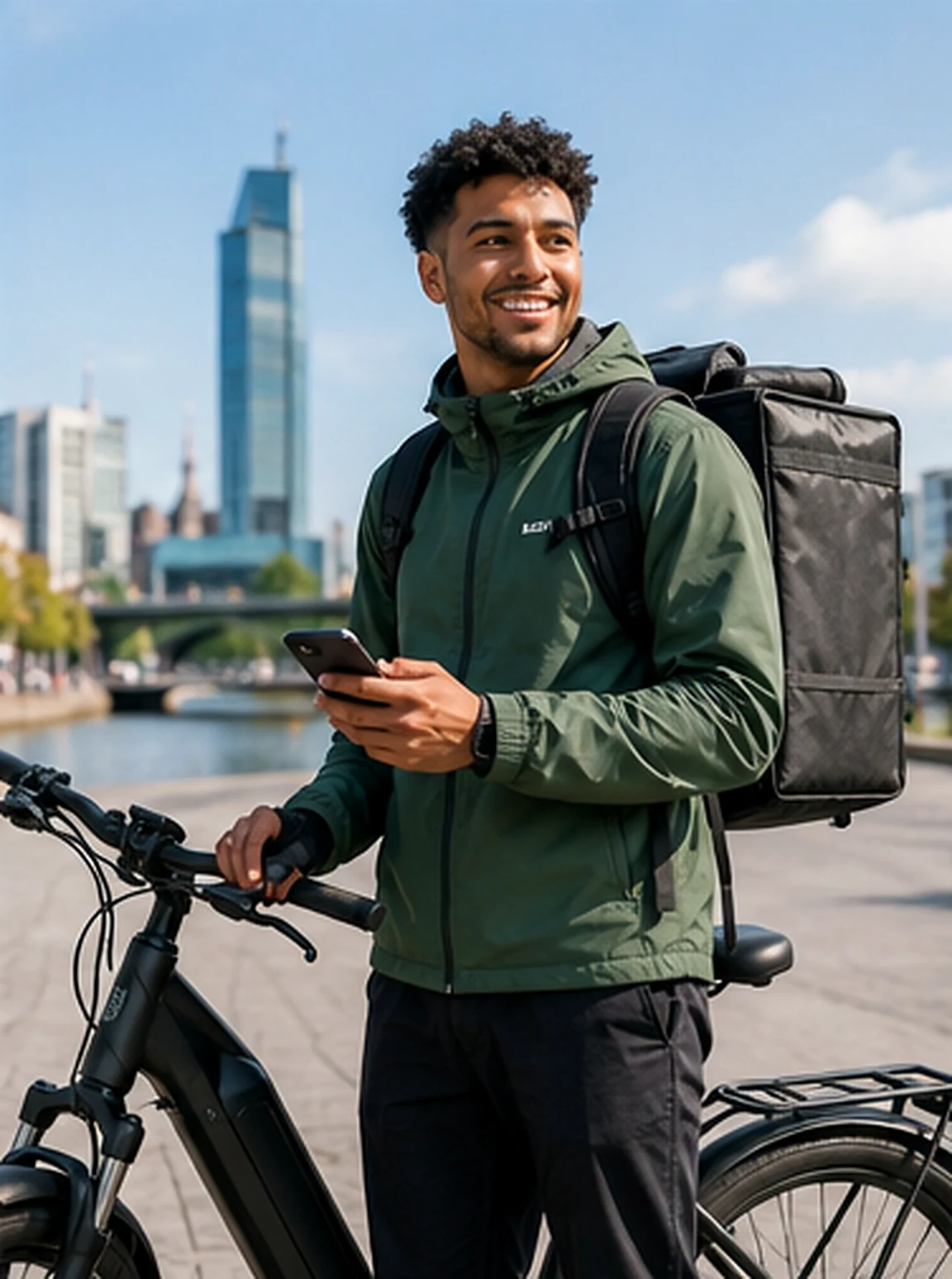 Kurier mit Fahrrad und Smartphone vor einer Skyline