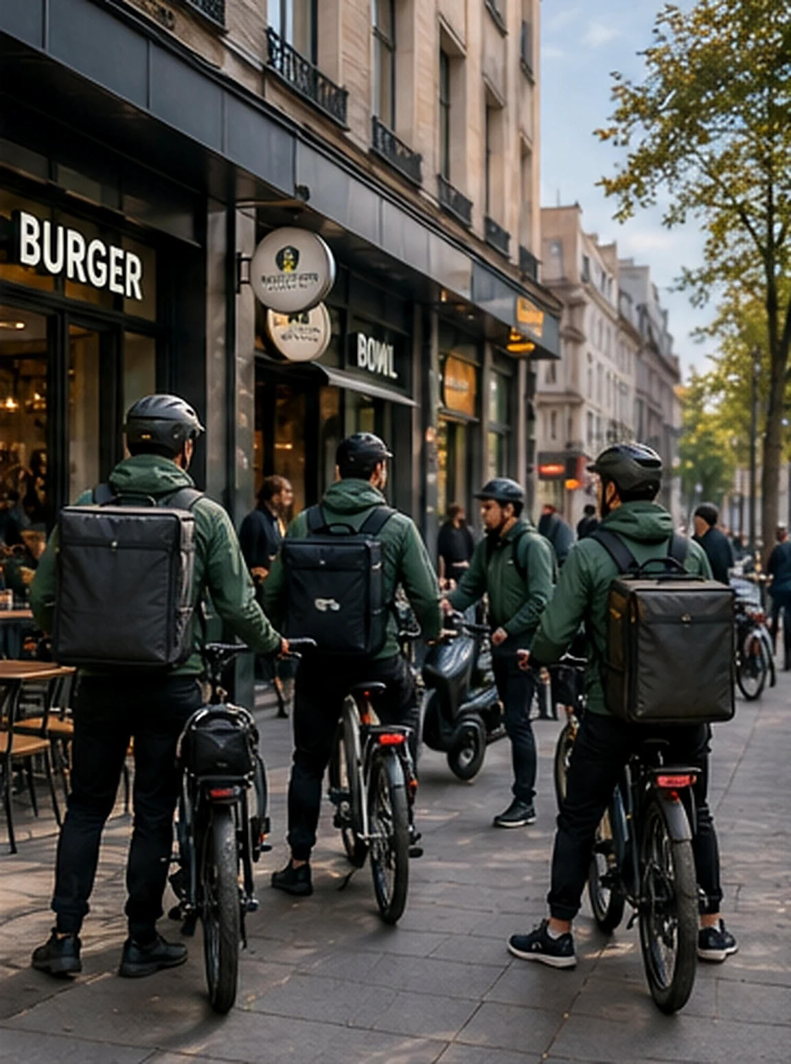 Mehrere Kuriere warten vor einem Restaurant in einer Innenstadt